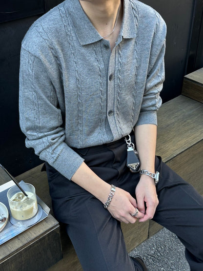 Lapel Twist Pattern Knit Sweater