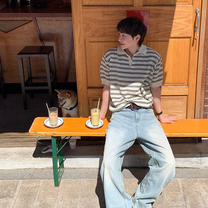 Korean Summer Breeze Striped Knit Polo
