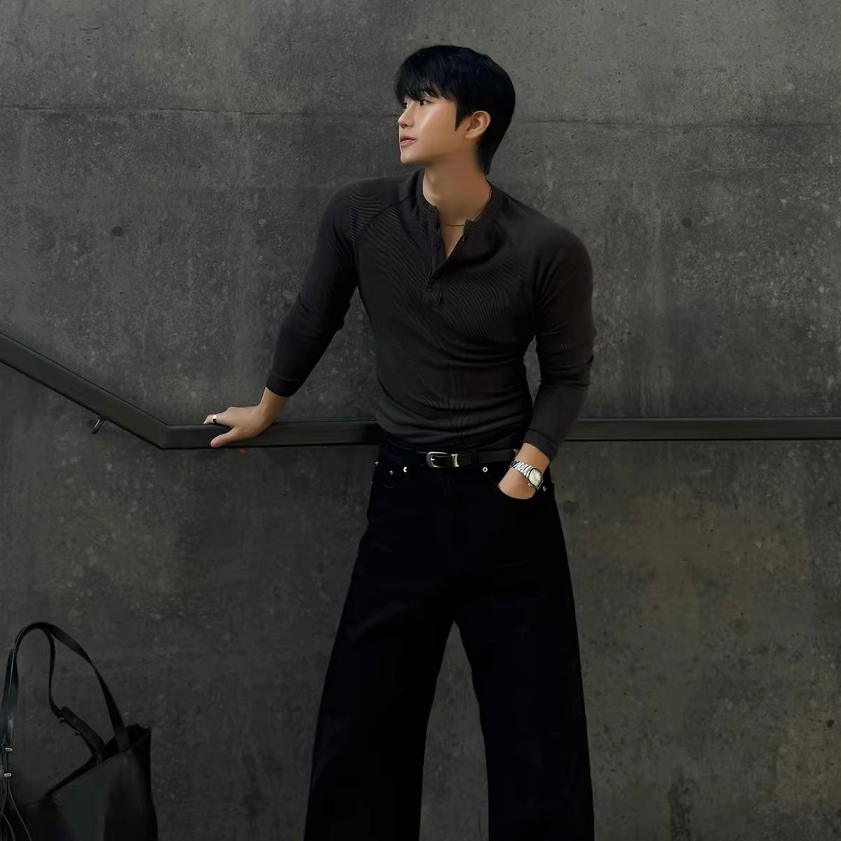 Muscle Fit Henley Neck Knit