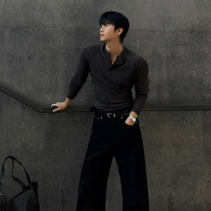 Muscle Fit Henley Neck Knit