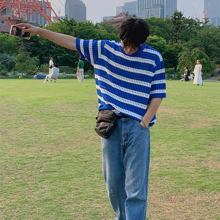 Blue striped short-sleeved knit