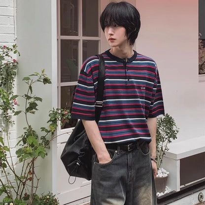 Retro Striped Henley T-Shirt