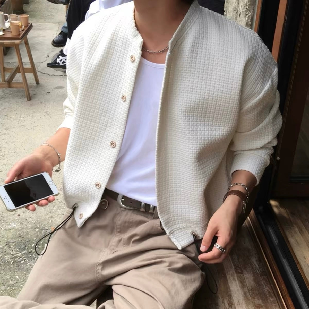 Textured Collarless Knit Jacket