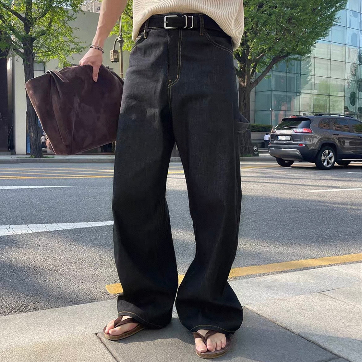 Contrast Stitch Wide Denim Pants