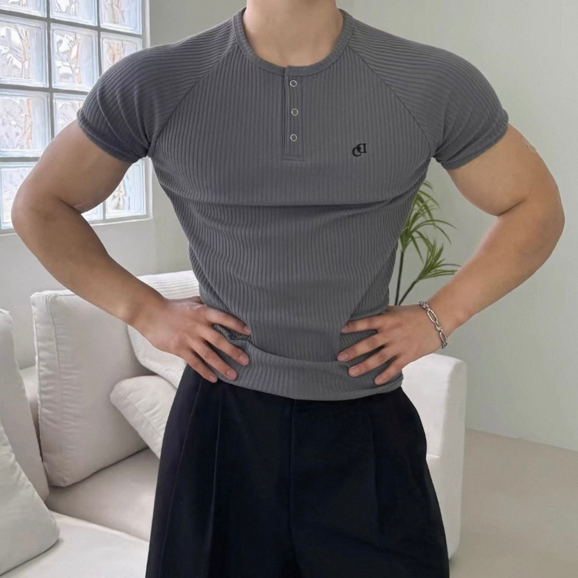 Textured Henley Short-Sleeve T-Shirt