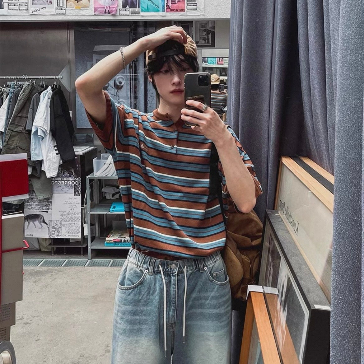 Retro Striped Henley T-Shirt