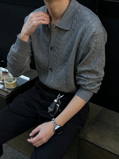 Lapel Twist Pattern Knit Sweater