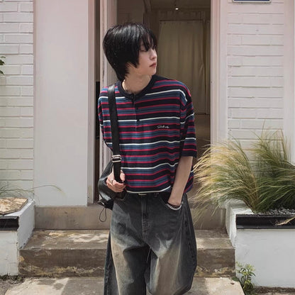 Retro Striped Henley T-Shirt