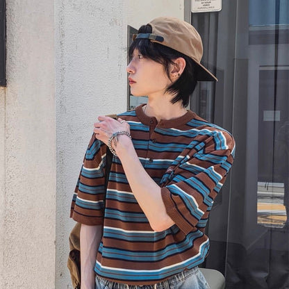 Retro Striped Henley T-Shirt