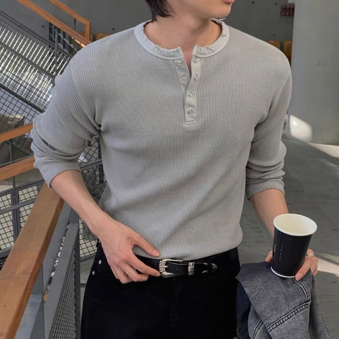 Ribbed Henley Neck Knit