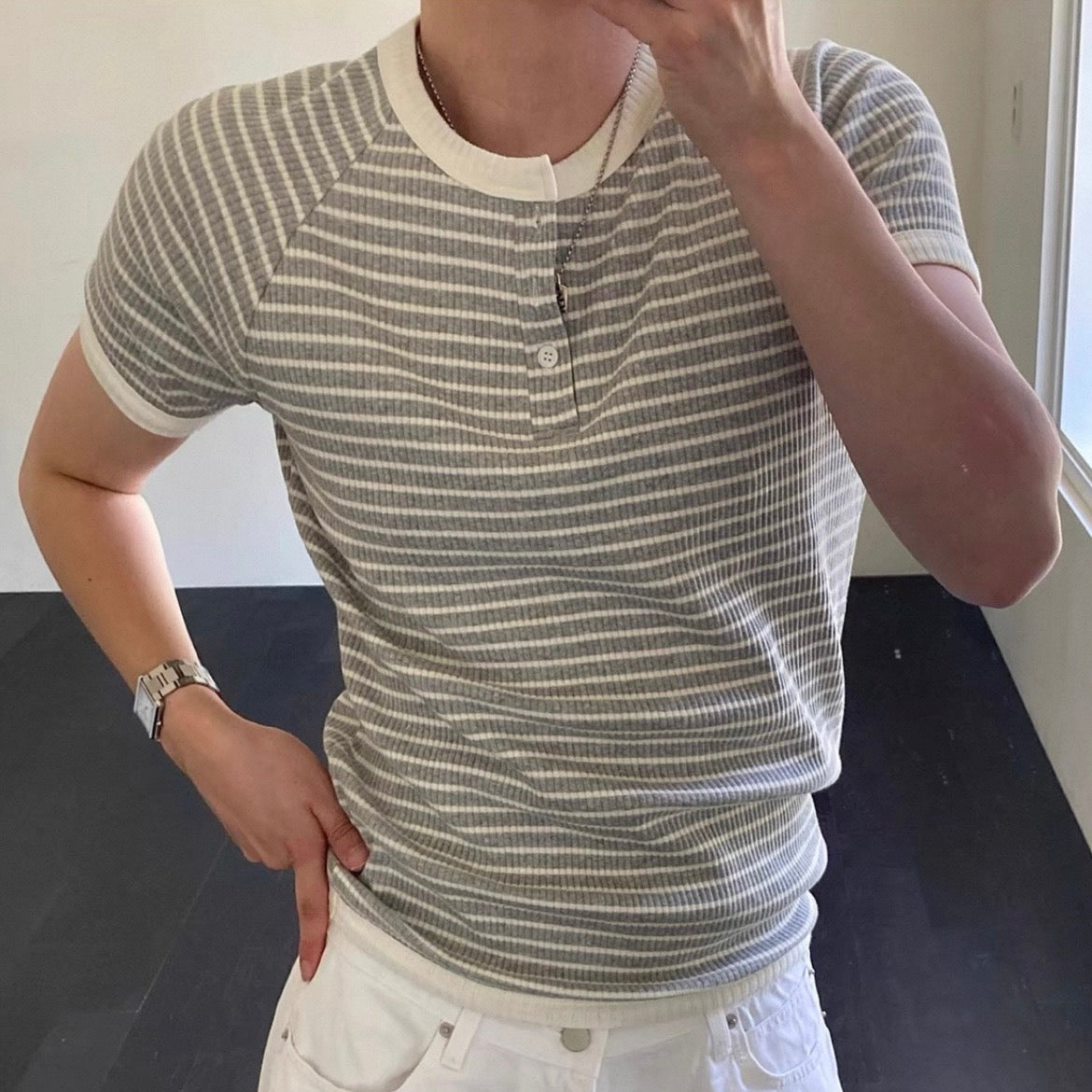 Retro Striped Henley T-Shirt