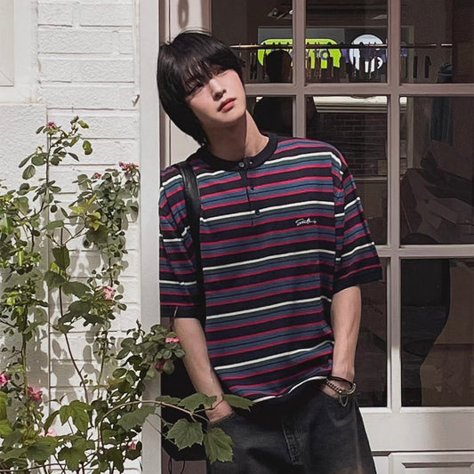 Retro Striped Henley T-Shirt