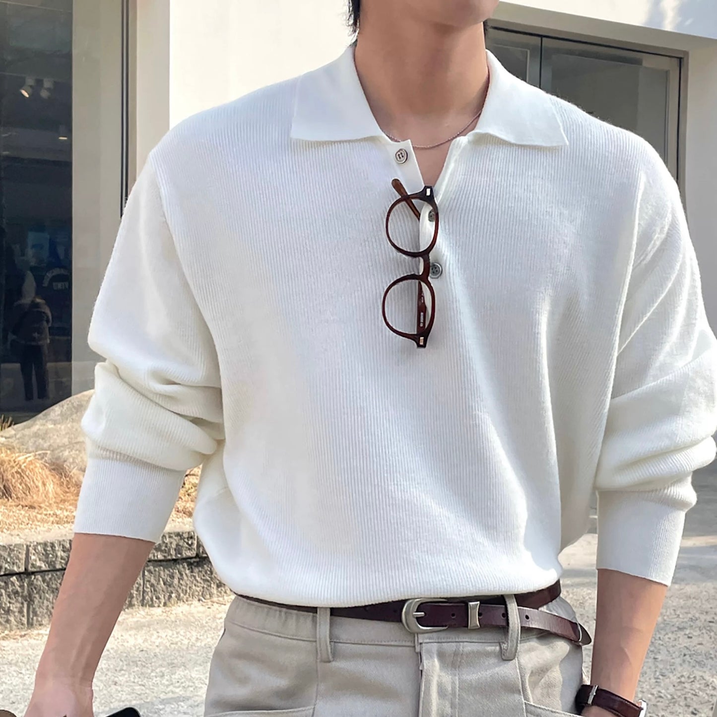 Lapel Casual White Knit