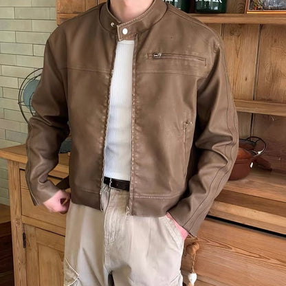 Vintage Stand Collar Leather Jacket