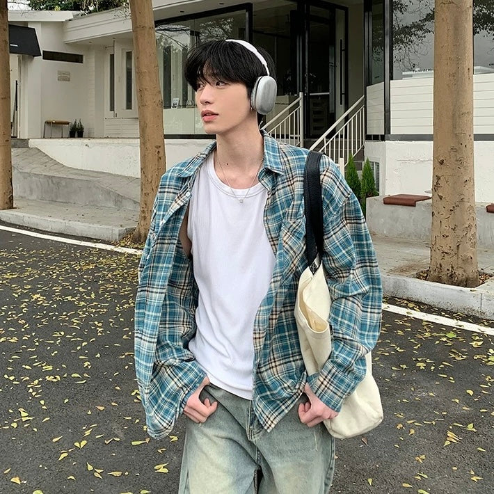 Korean Men's Blue Check Shirt