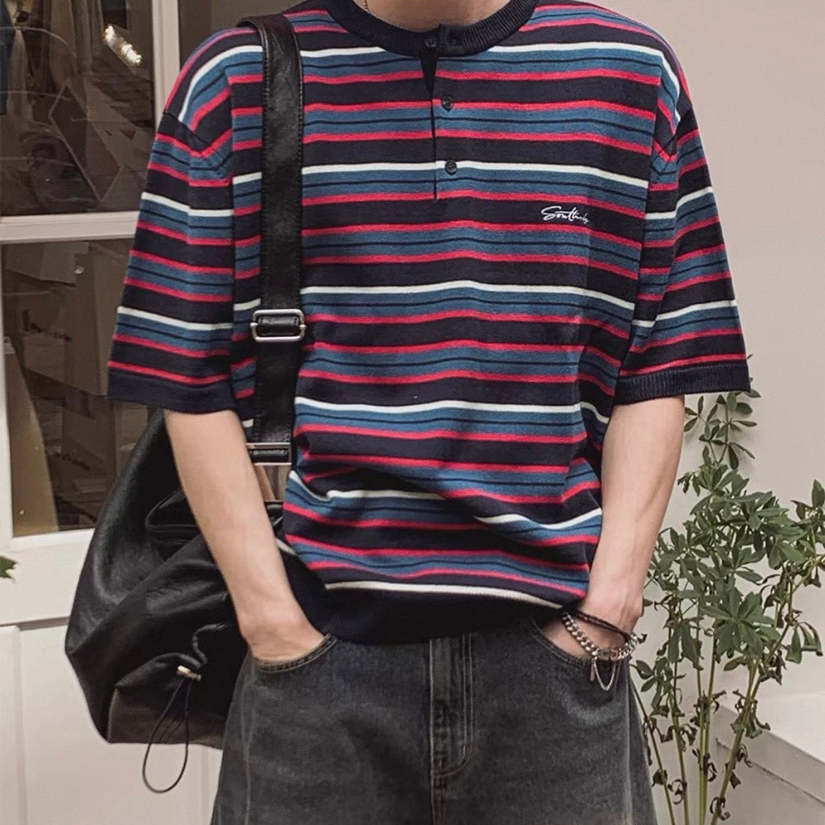 Retro Striped Henley T-Shirt