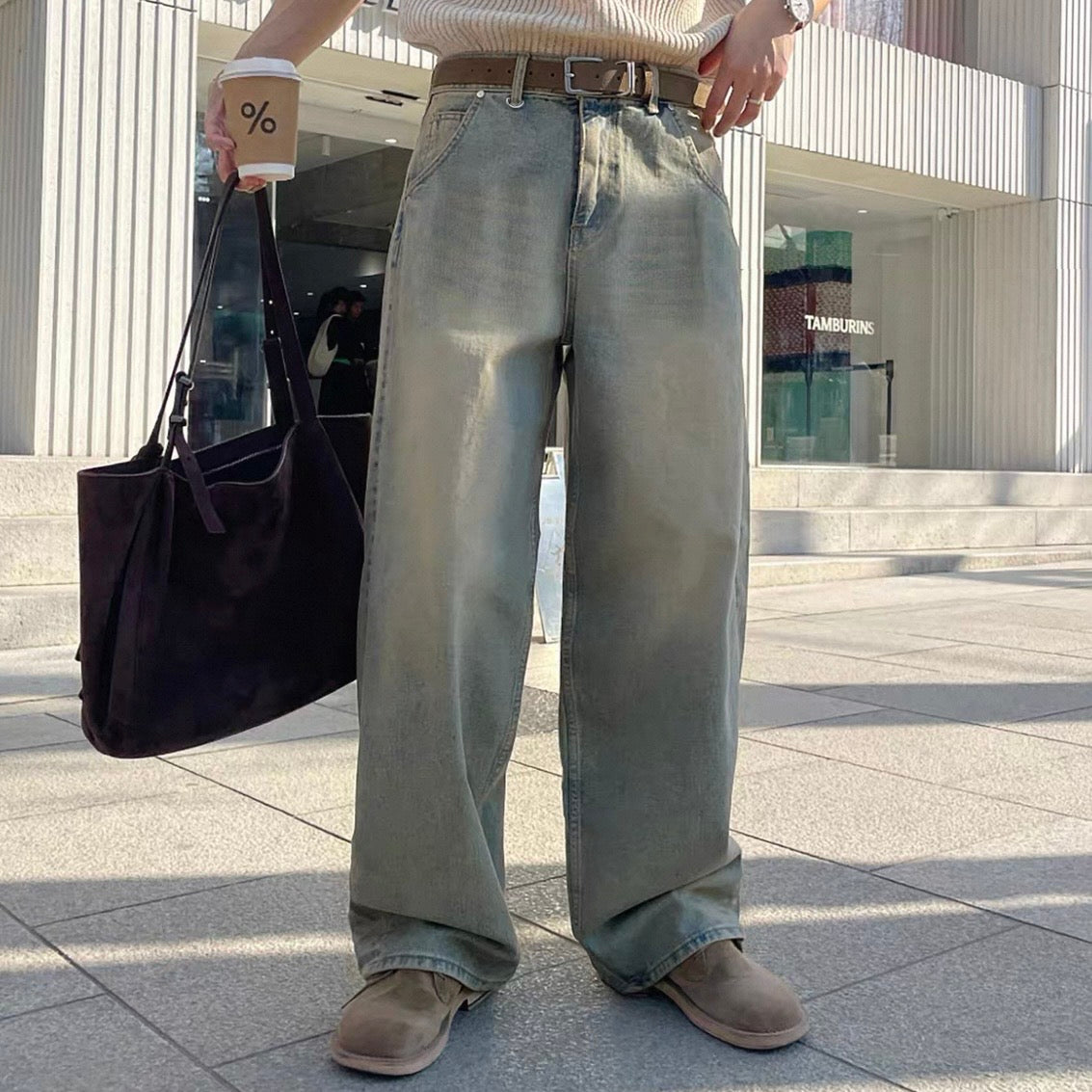 Vintage Wash Wide Denim Pants