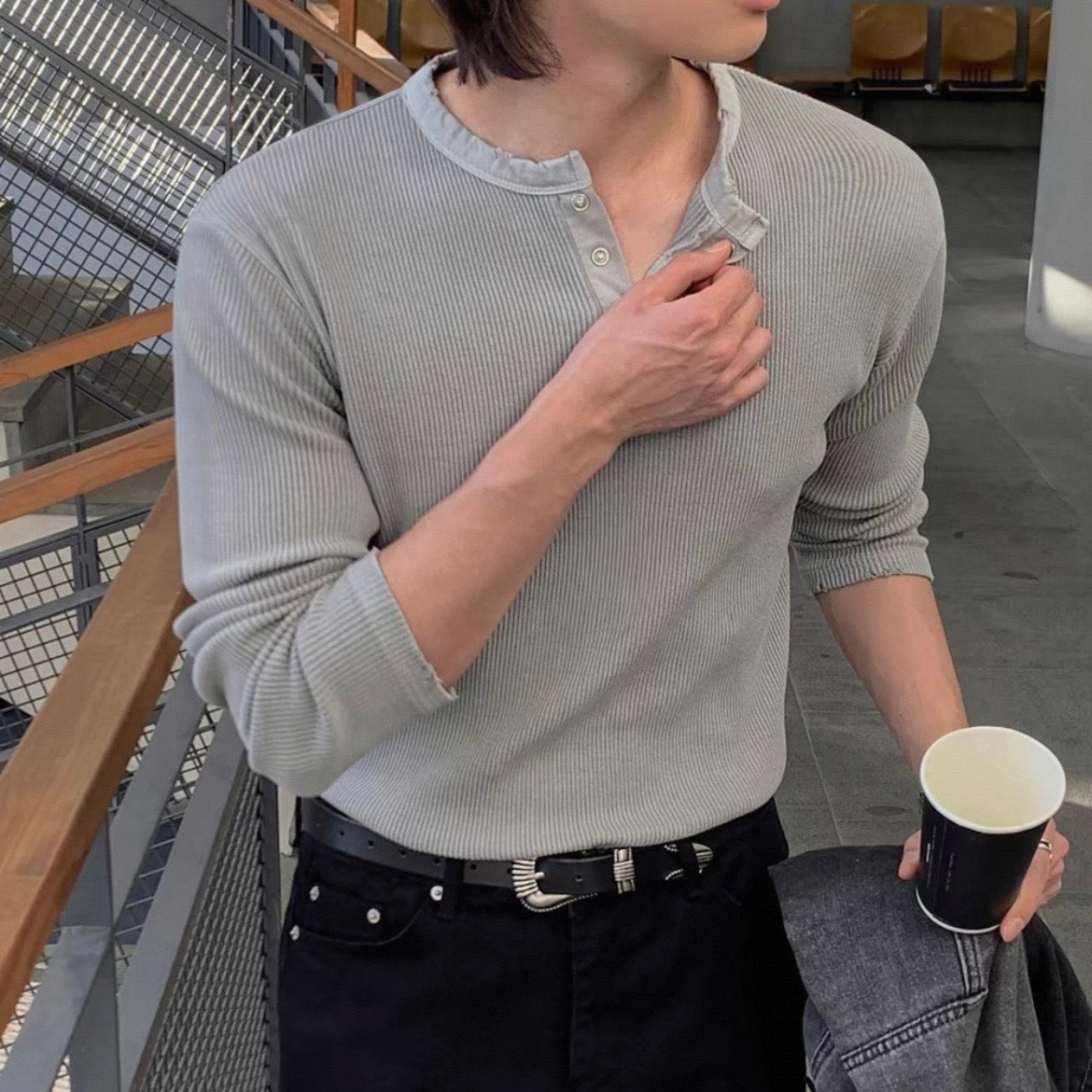 Ribbed Henley Neck Knit