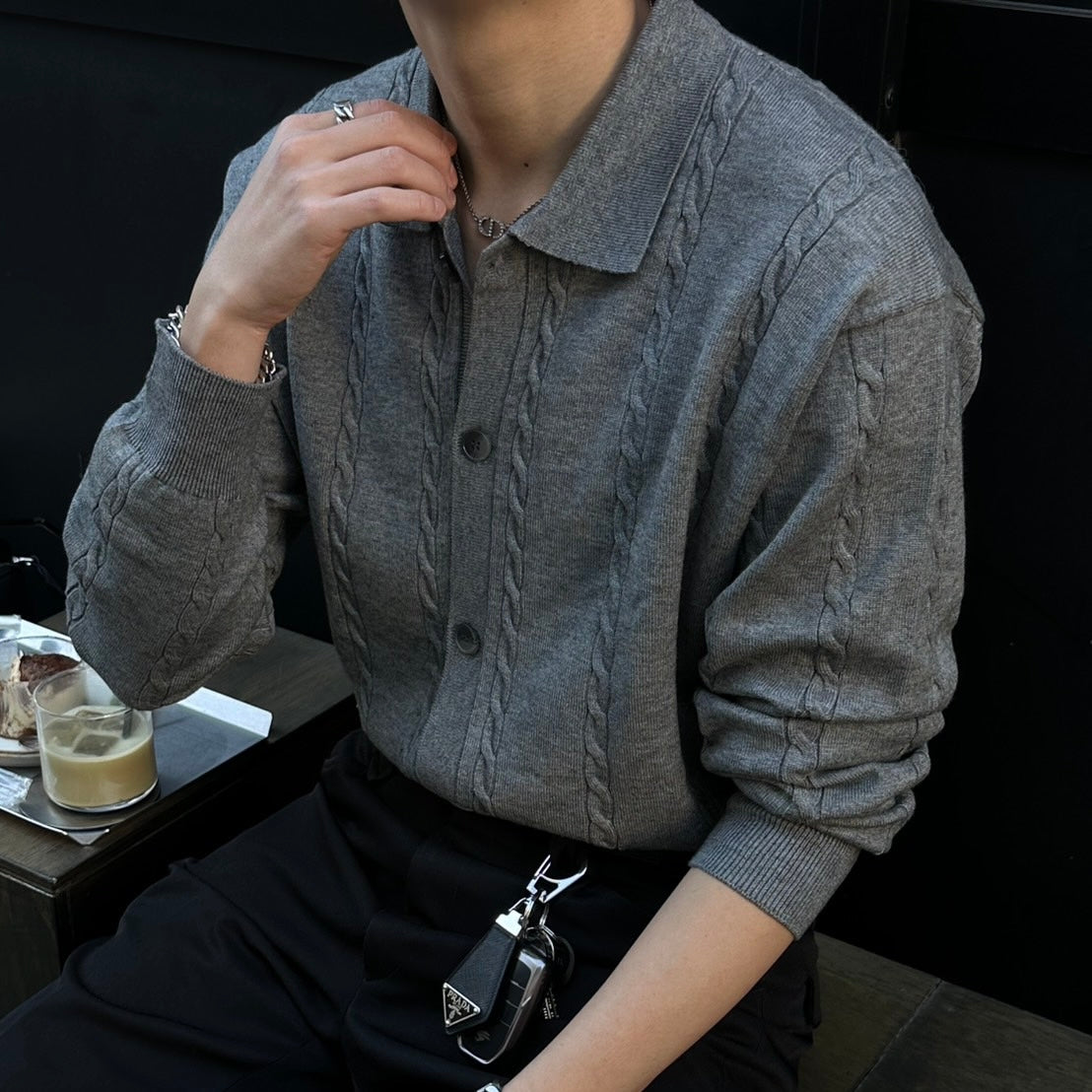 Lapel Twist Pattern Knit Sweater