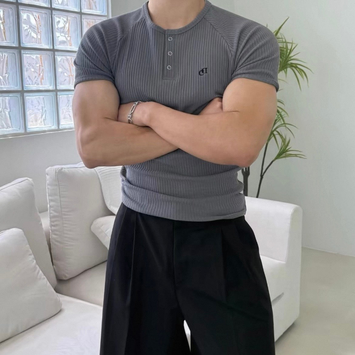 Textured Henley Short-Sleeve T-Shirt
