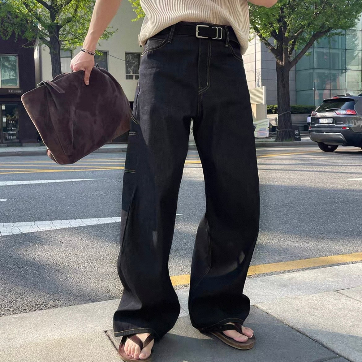 Contrast Stitch Wide Denim Pants