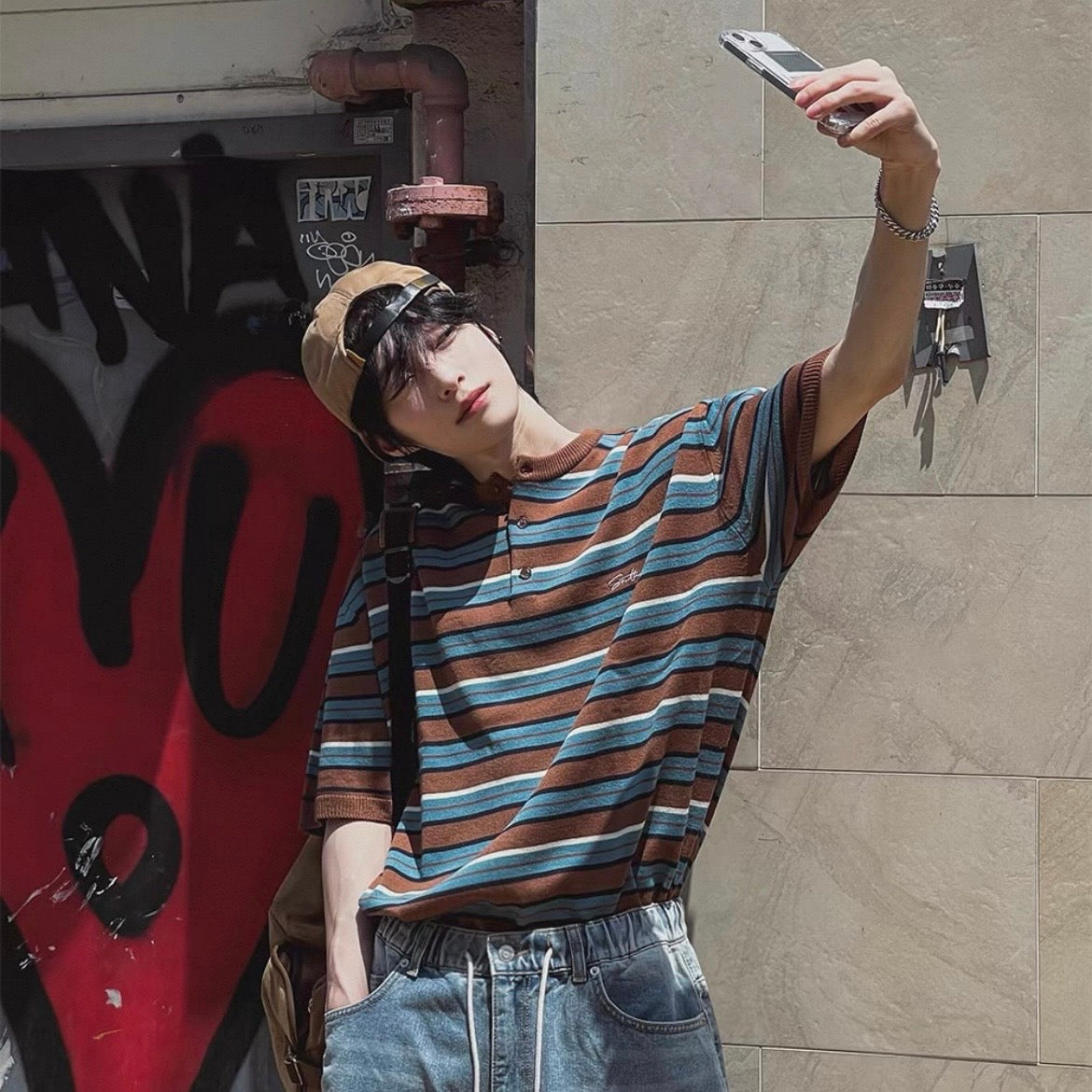 Retro Striped Henley T-Shirt
