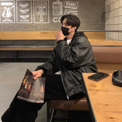 Trendy Hooded Leather Jacket