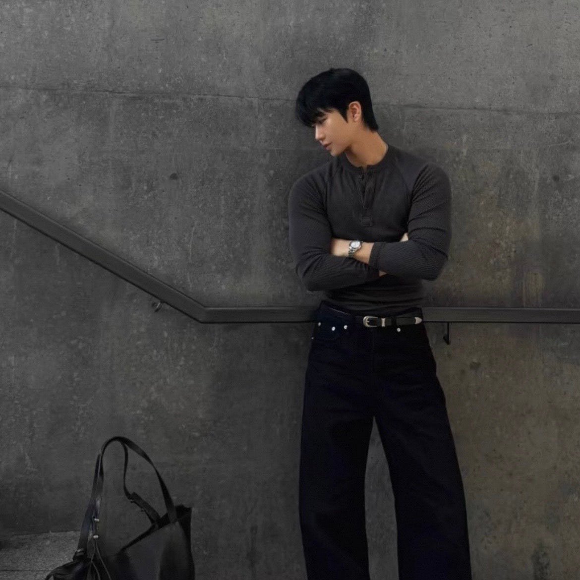 Muscle Fit Henley Neck Knit