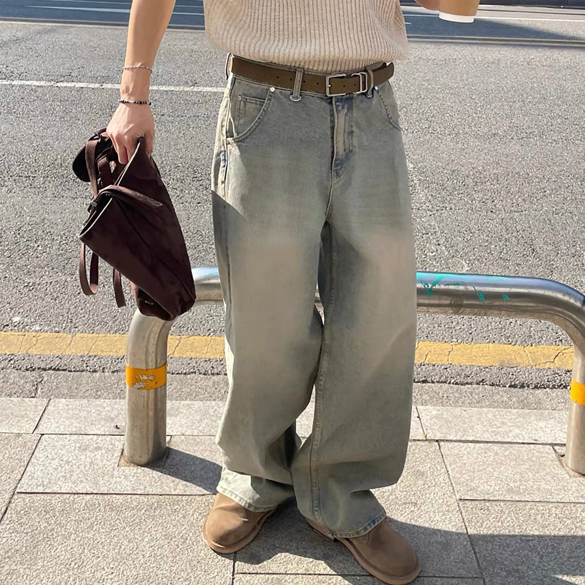 Vintage Wash Wide Denim Pants