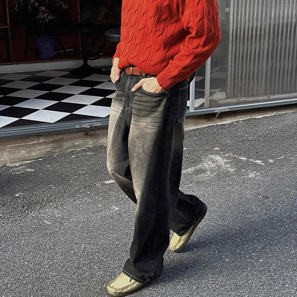 Retro Washed Wide-Leg Jeans