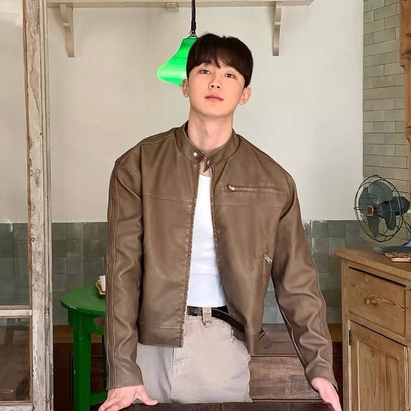 Vintage Stand Collar Leather Jacket