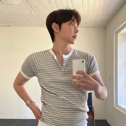 Retro Striped Henley T-Shirt