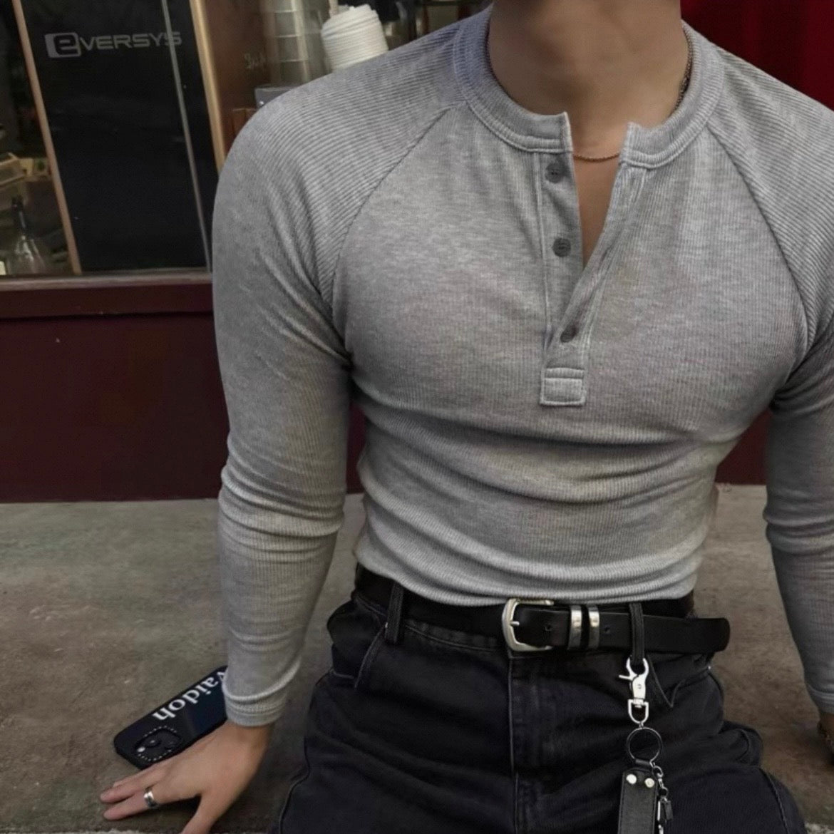 Muscle Fit Henley Neck Knit