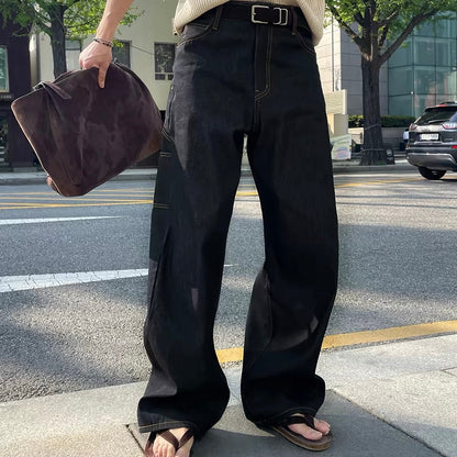 Contrast Stitch Wide Denim Pants
