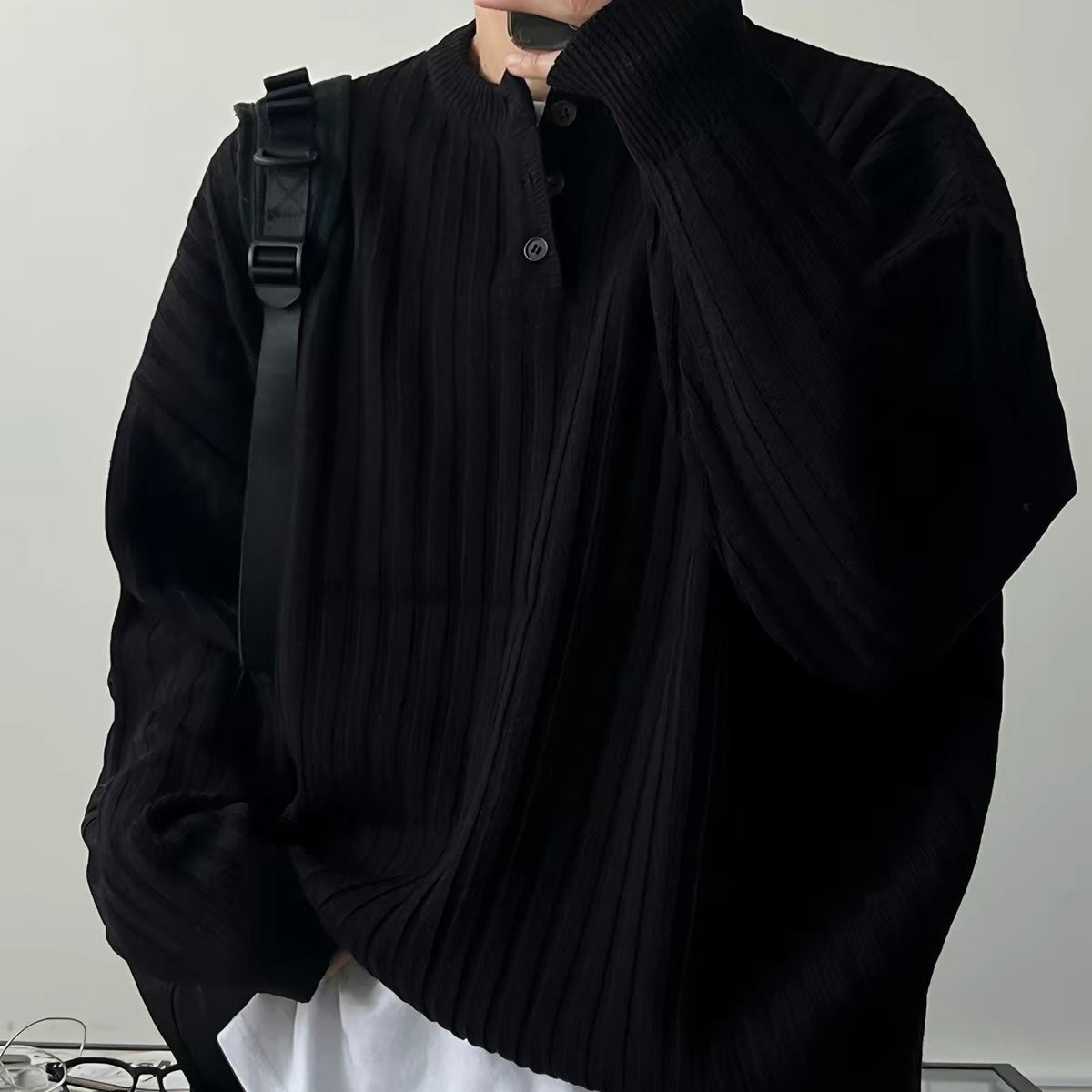 Oversized Ribbed Henley Knit Sweater