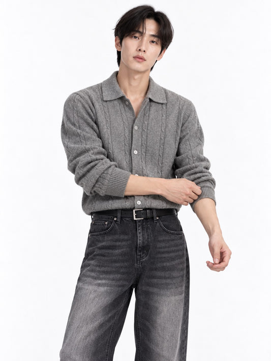 Lapel Twist Pattern Knit Sweater