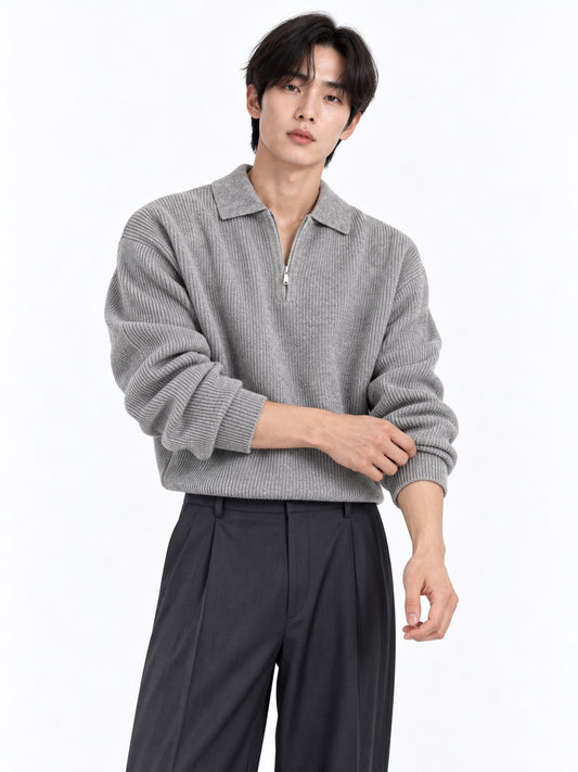 Half-Zip Lapel Knit Sweater